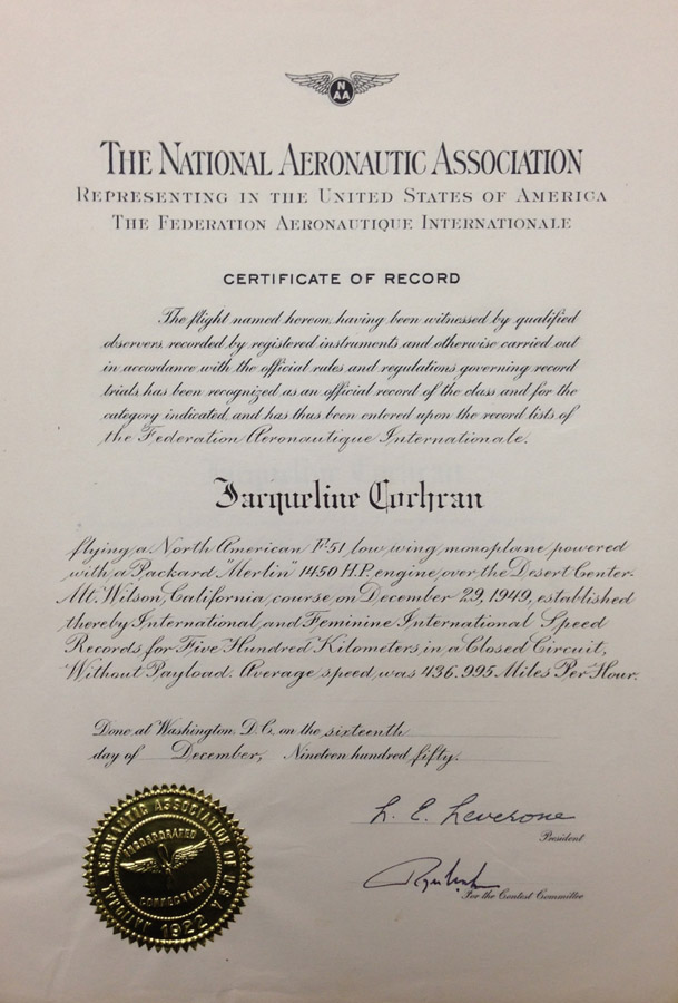 National Aeronautic Association Certificate of Record for the December 29,1949 record. San Diego Air & Space Museum Archive.
