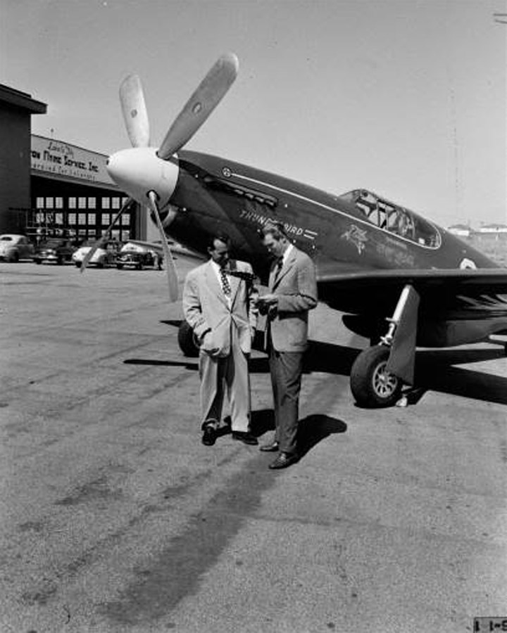Joe DeBona and James M. Stewart with Thunderbird in April 1949, before the Bendix win. (Allan Grant/LIFE Magazine)