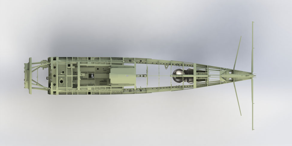 This rendering is a top view of the fuselage structure.