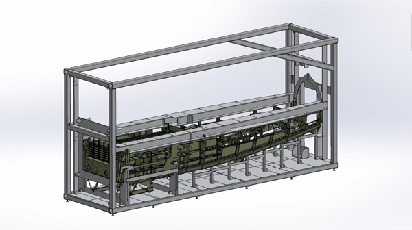 Another view shows us the forward end of the lower fuselage in the fixture. 