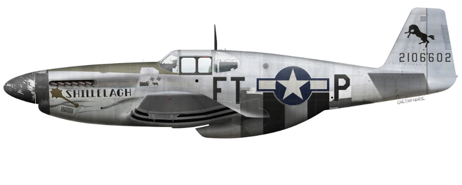 In August of 1944, the Mustang received a “freshening up” of the paint, The nose art name was now spelled Shillelagh, and the Shillelagh was painted as a spiked club. Profile illustration by Gaetan Marie