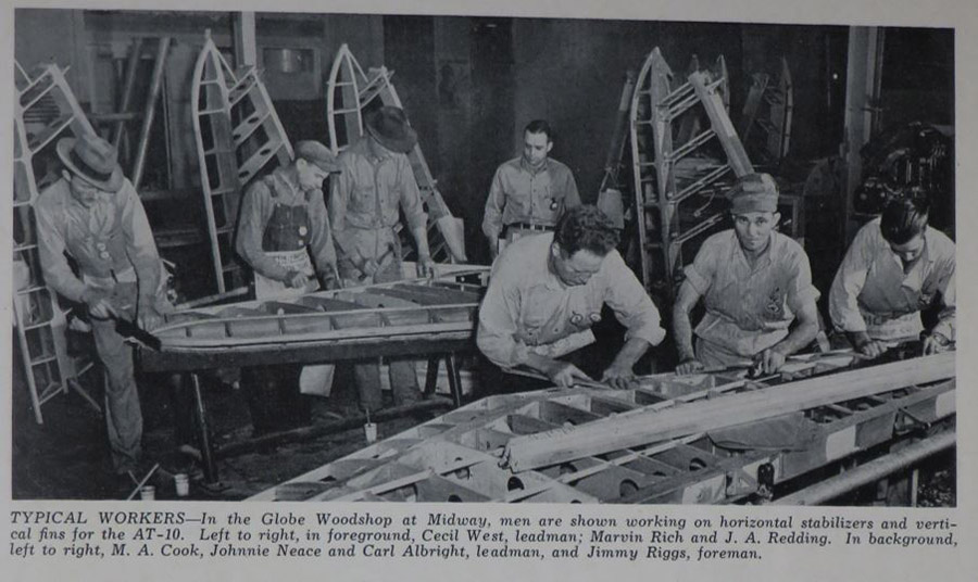 Workers build horizontal and vertical stabilizers for AT-10s in the Globe factory
