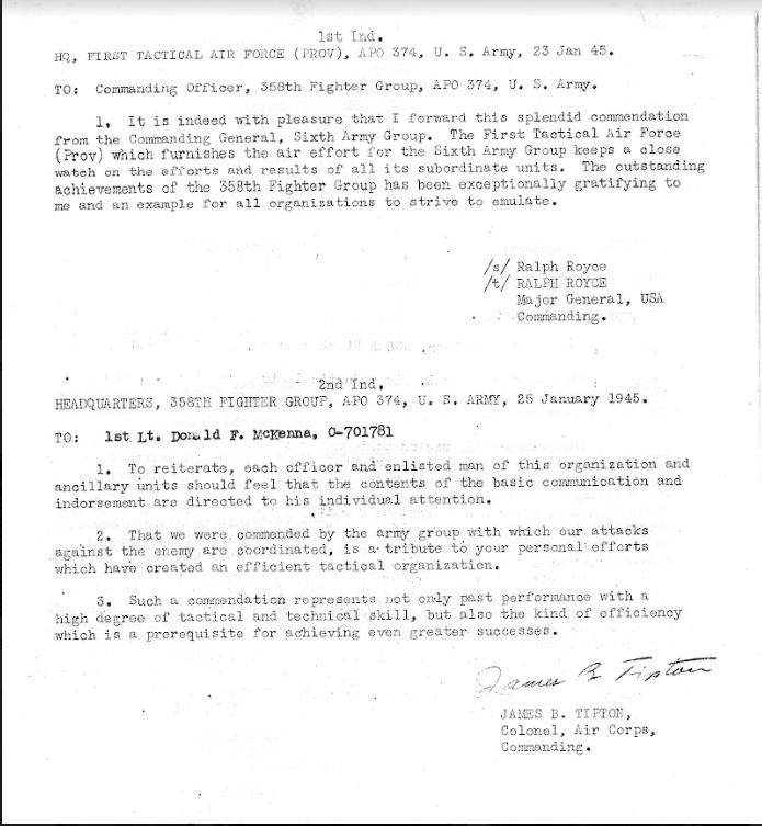 Commendation for ground support by the 368th Fighter Group forwarded from the Commanding General, 6th Army Group. Document courtesy of Dan Sokolowski