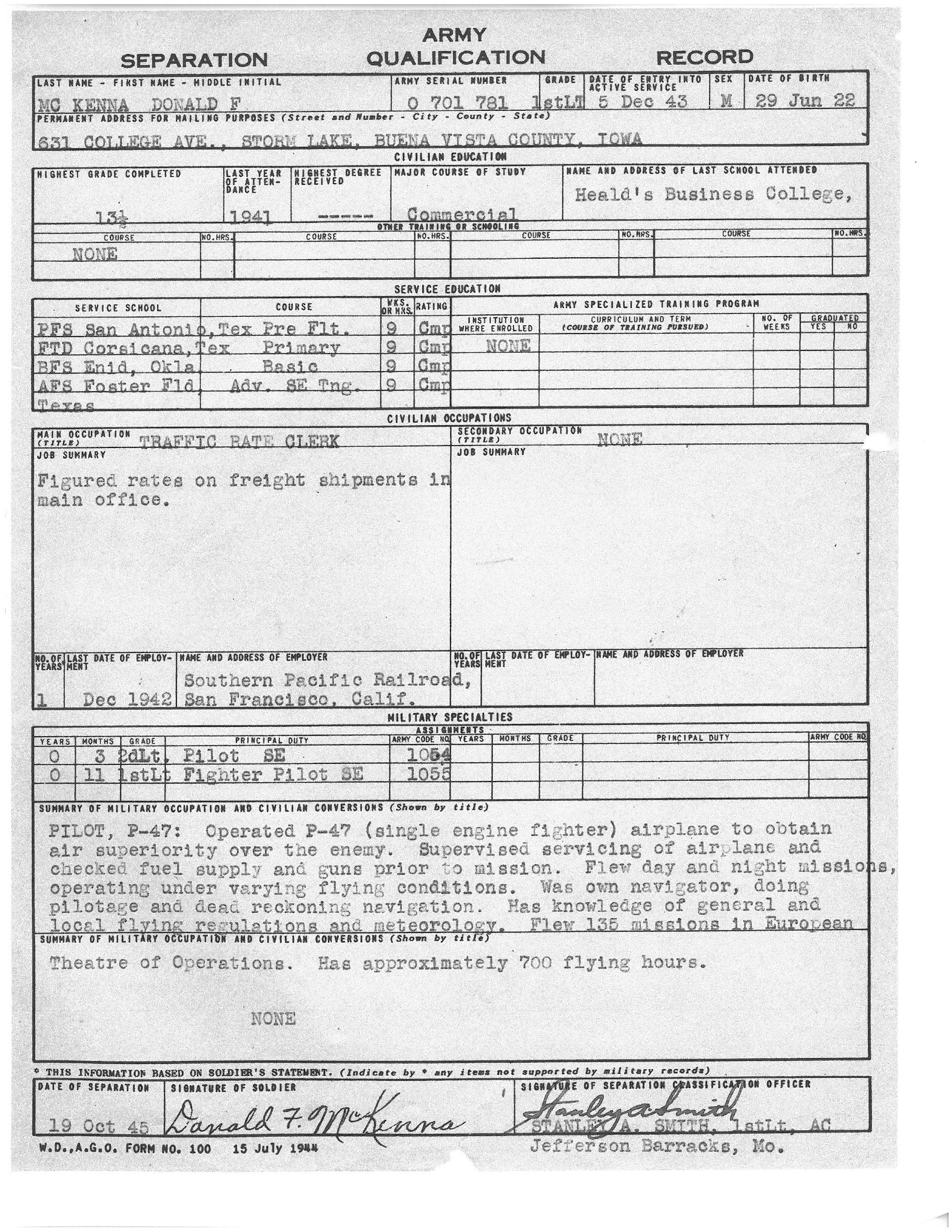 Donald McKenna’s official Army Separation Qualification Record, Photo courtesy of Dan Sokolowski